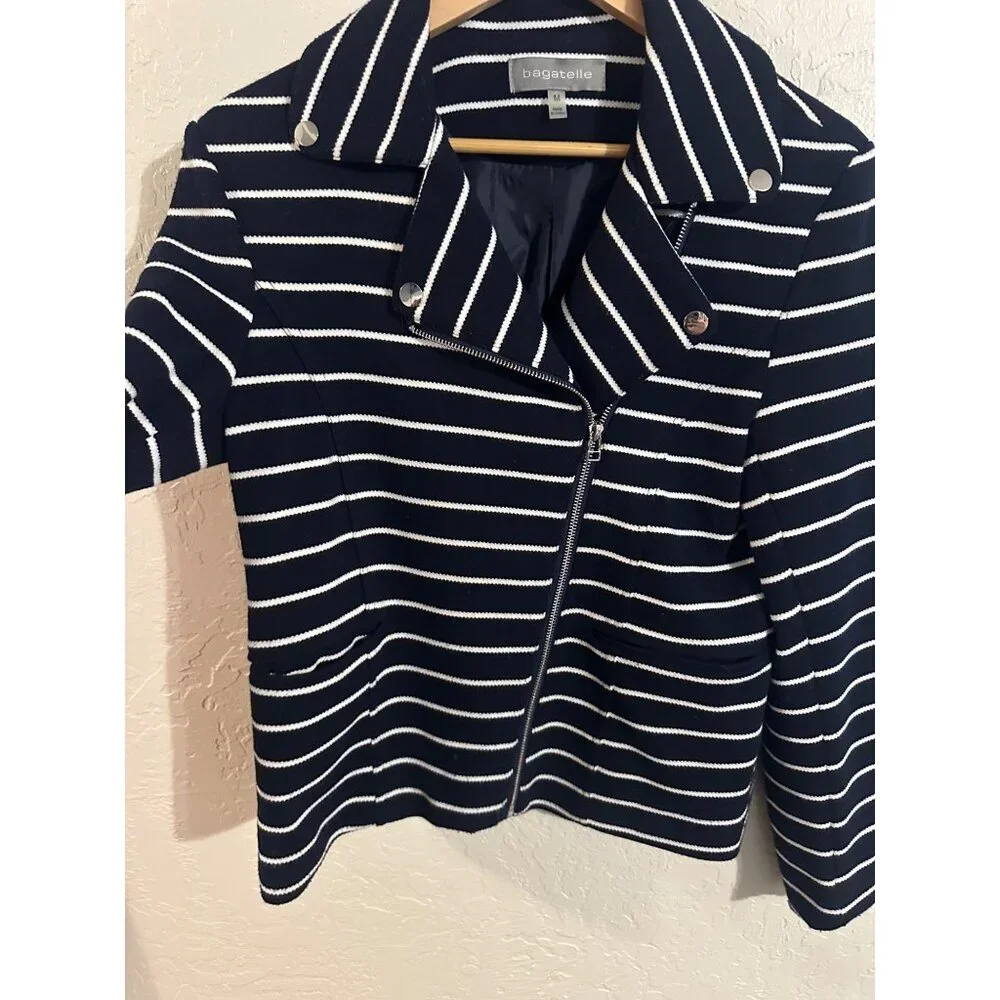 Bagatelle Y Navy & White Pocketed Striped Zipper Moto Sweater Jacket - Picture 6 of 13